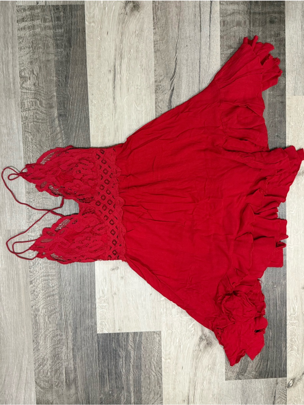 Size L Free People FP ONE Adella Red Crochet Lace Smocked Ruffle Mini Slip Dress